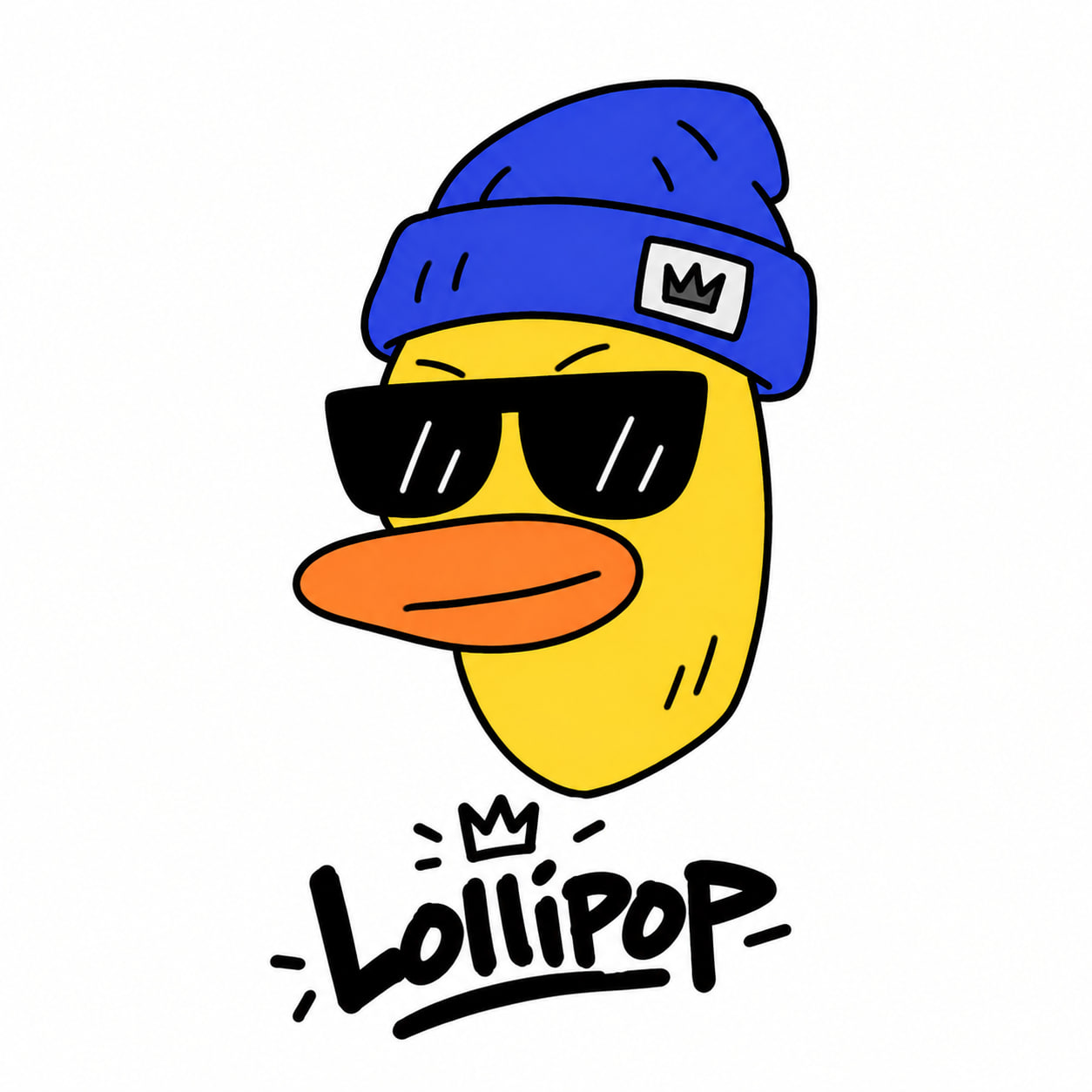 LolliPop the yellow duck wearing a blue beanie and black sunglasses